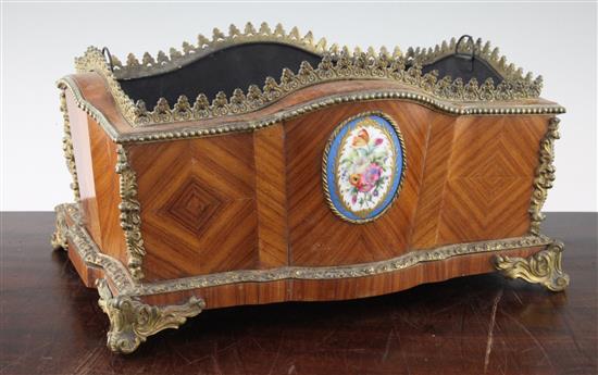 A Louis XVI style French kingwood and ormolu mounted rectangular shaped jardiniere, 14in.